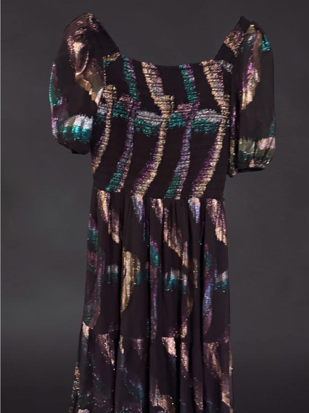Shoshanna Black Maxi Dress with Teal, Purple & Gold Metallic Accents